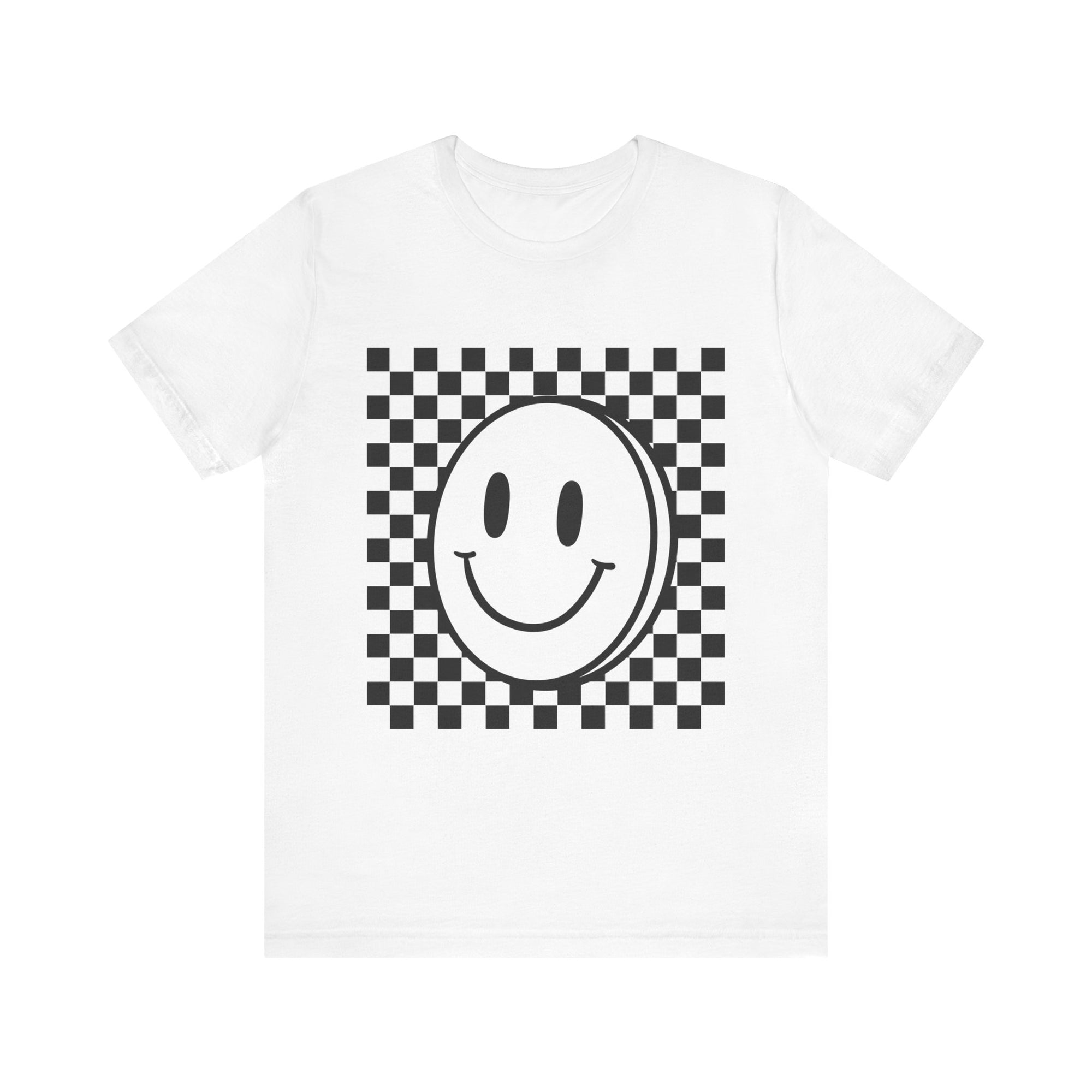 Smiley Checkerboard Tee - Unisex Jersey Short Sleeve T-Shirt, Vintage Style Graphic Tee, Cool Casual Wear, Gifts for Friends, Summer Outfit